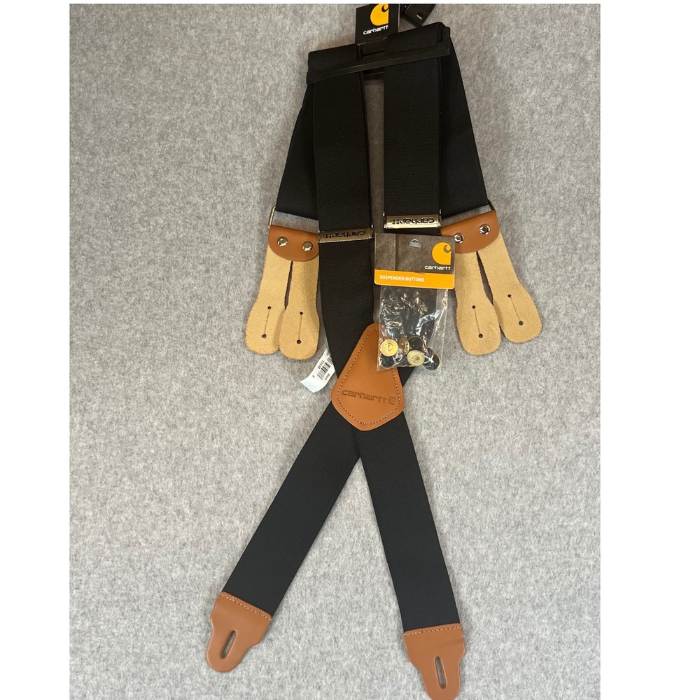 Carhartt Button Suspenders Black Leather X-Back Heavy Duty Logger Dungaree NWT